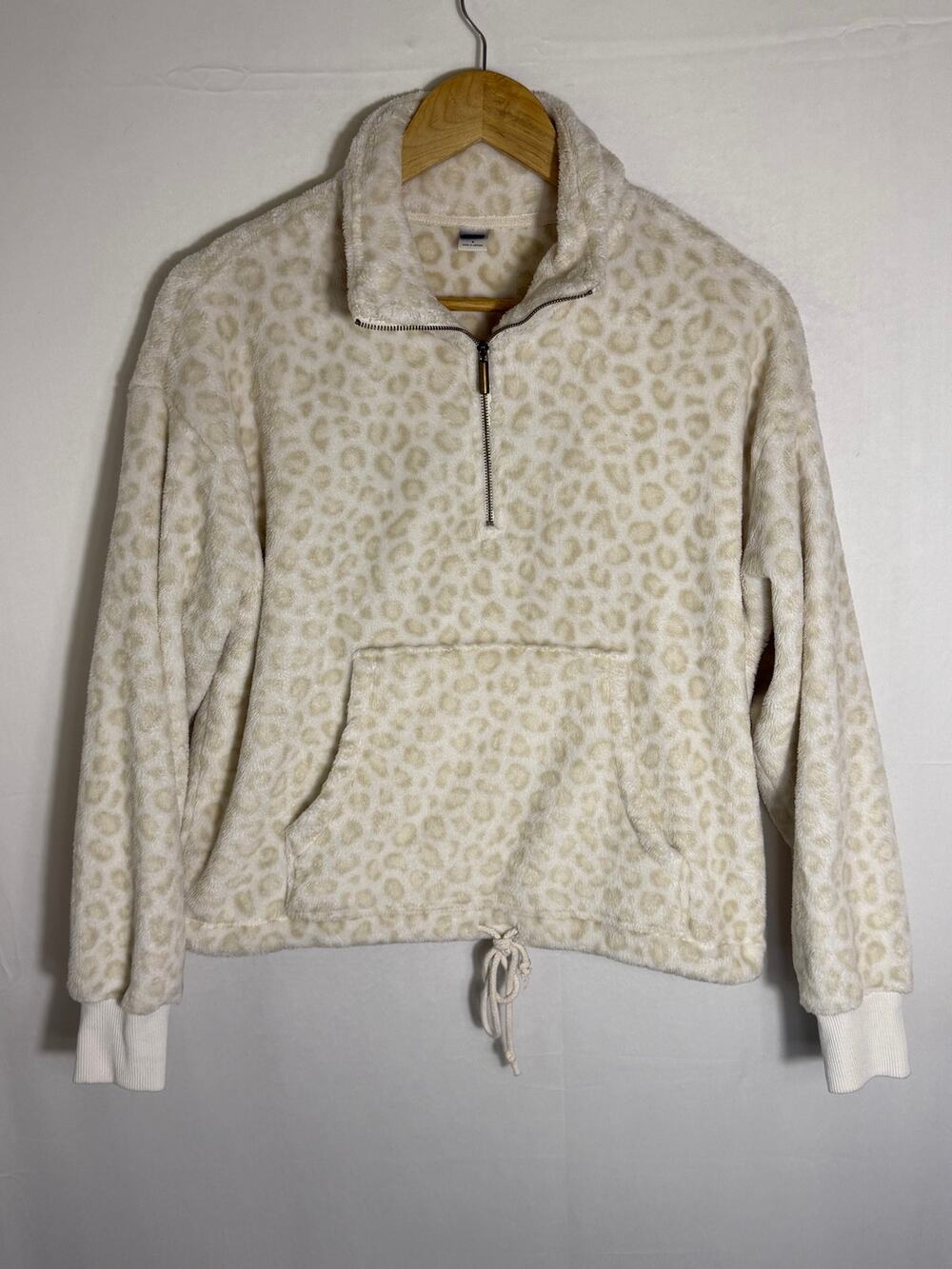 Old Navy Bunny Fur Leopard Pullover Women’s S Cream Fuzzy Sherpa Quarter Zip